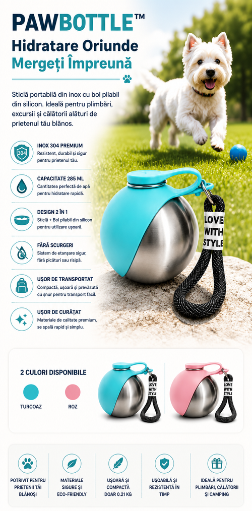 PawBottle™ – Sticlă Portabilă din Inox pentru Prietenul Tău Blănos